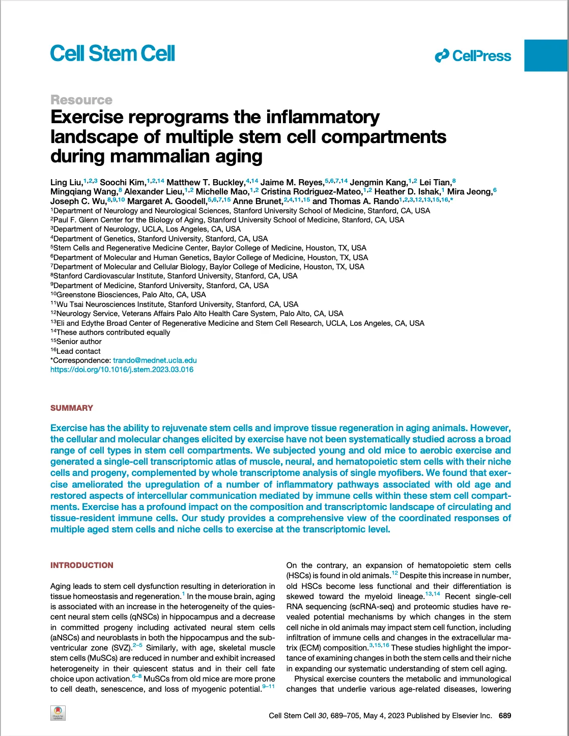 First page of Exercise reprograms the inflammatory landscape of multiple stem cell compartments during mammalian aging