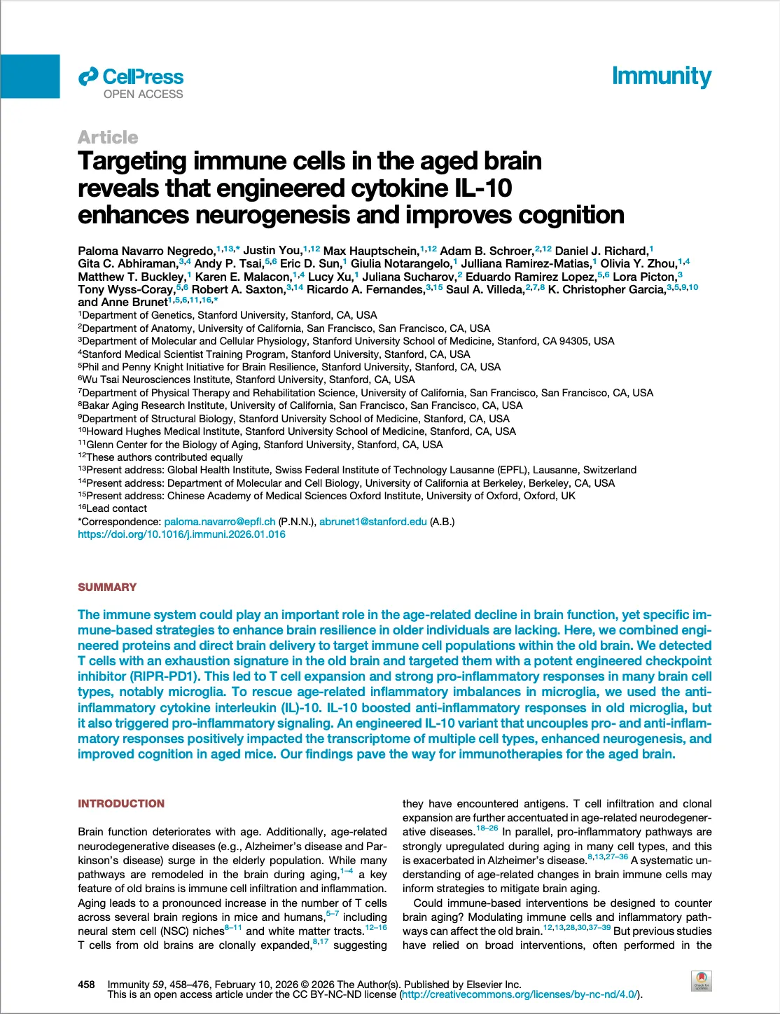 First page of Targeting immune cells in the aged brain reveals that engineered cytokine IL-10 enhances neurogenesis and improves cognition