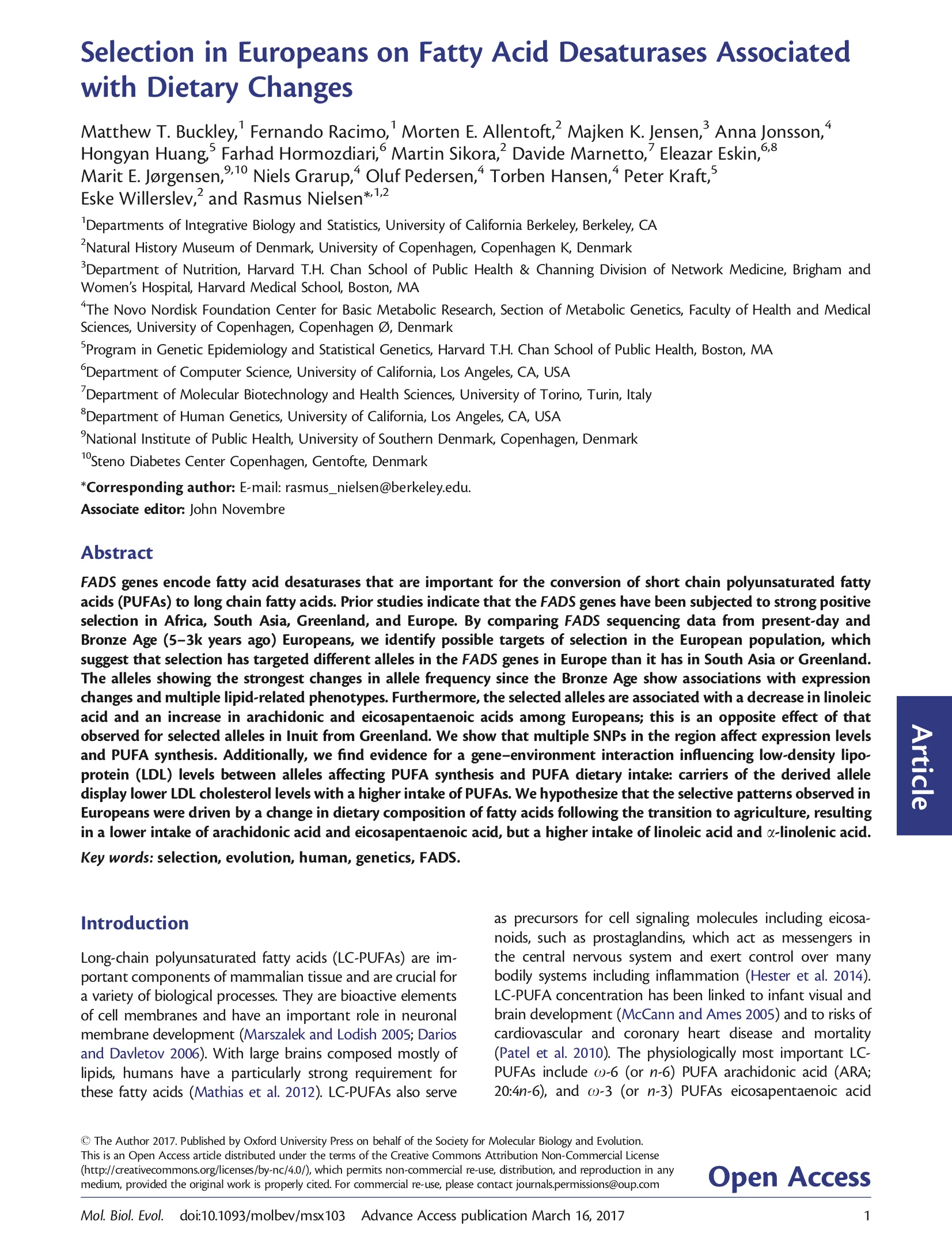 First page of Selection in Europeans on Fatty Acid Desaturases Associated with Dietary Changes