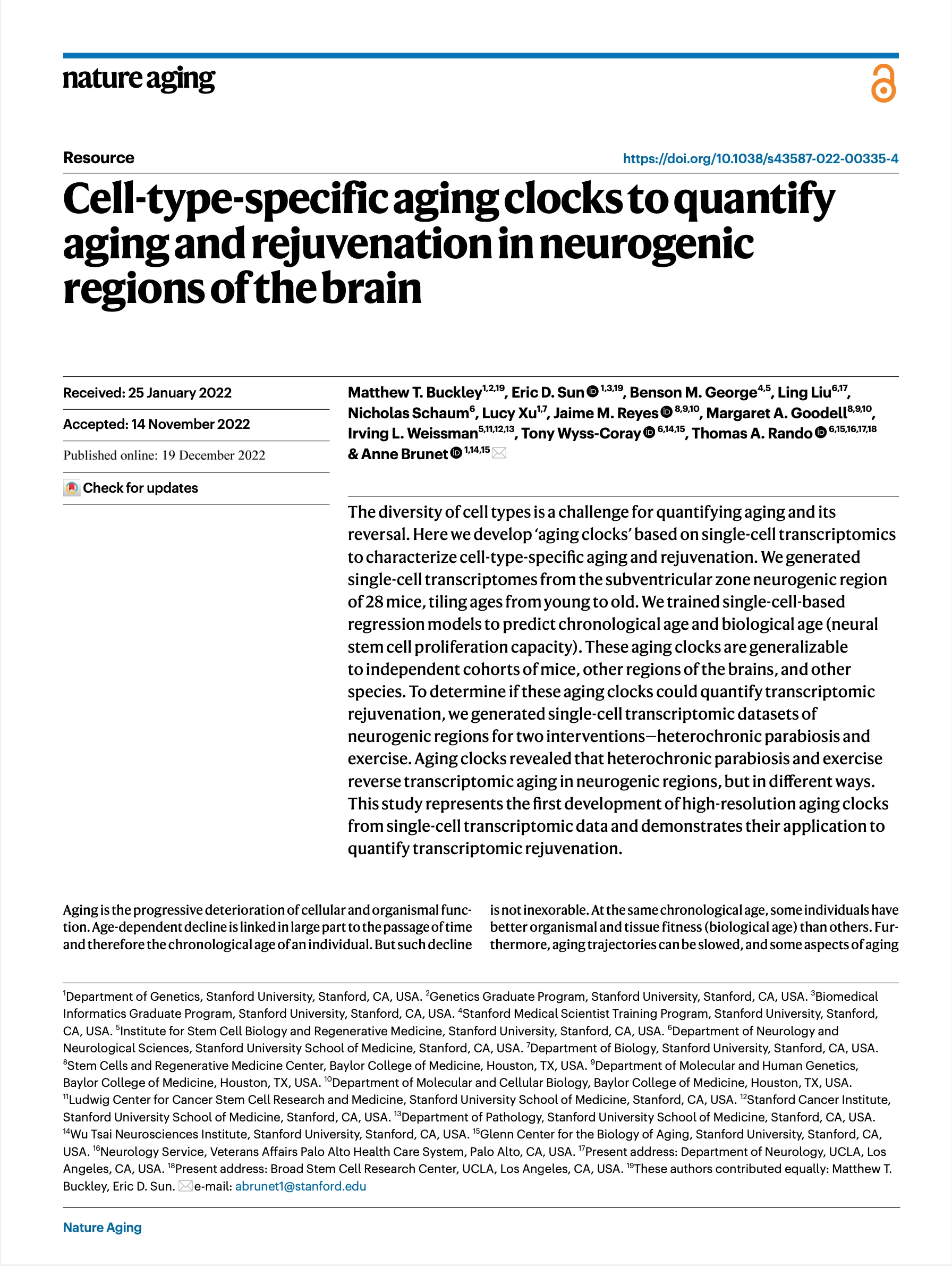 First page of Cell-type-specific aging clocks to quantify aging and rejuvenation in neurogenic regions of the brain