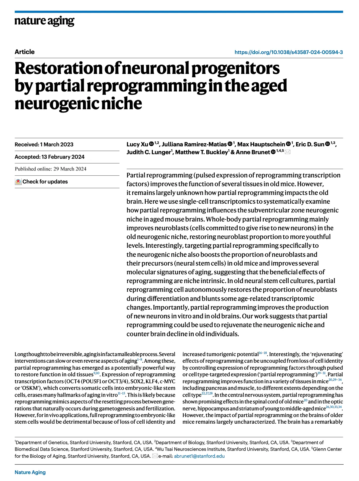 First page of Restoration of neuronal progenitors by partial reprogramming in the aged neurogenic niche